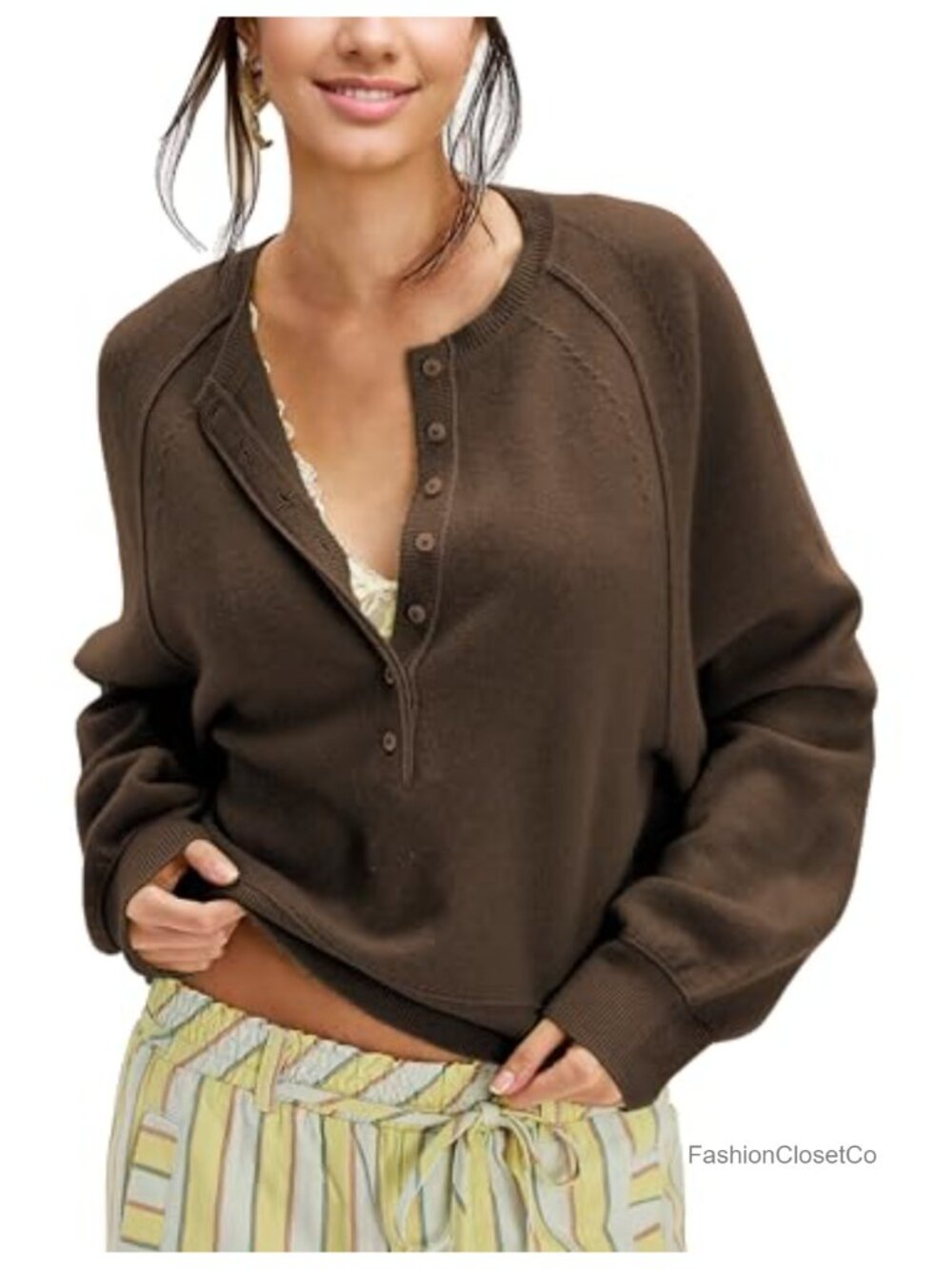 Women's Half Button Henley Neck Knit Pullover Sweater Long Sleeve Slouchy Loose